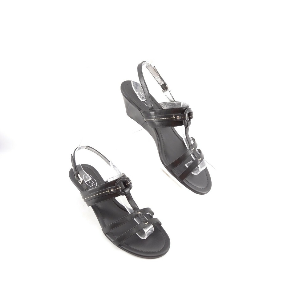 Talbots Black Leather Wedge Strappy Slingback Sandals Women's Size 10 B